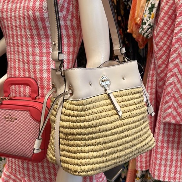 kate spade Handbags - Kate Spade Marti Straw Mixed Media Small Bucket Bag Parchment Multi